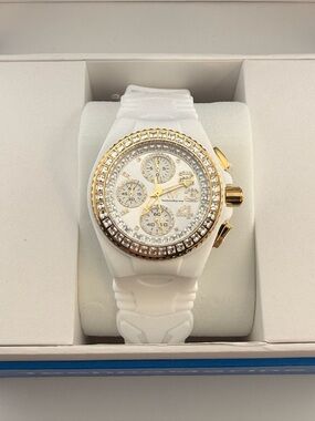 Technomarine White Silicone Watch with Gold Crystal Bezel
